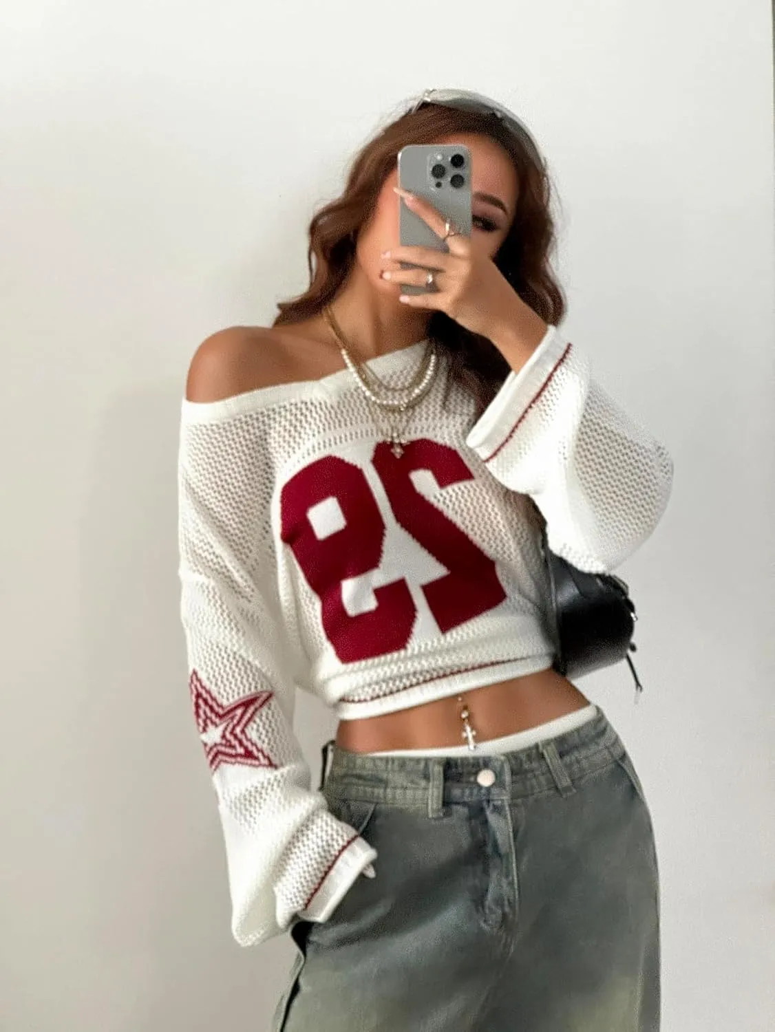 Verdusa Women's Oversized Hollow Out Crochet Jersey Shirts Graphic V Neck Pullover Sweater