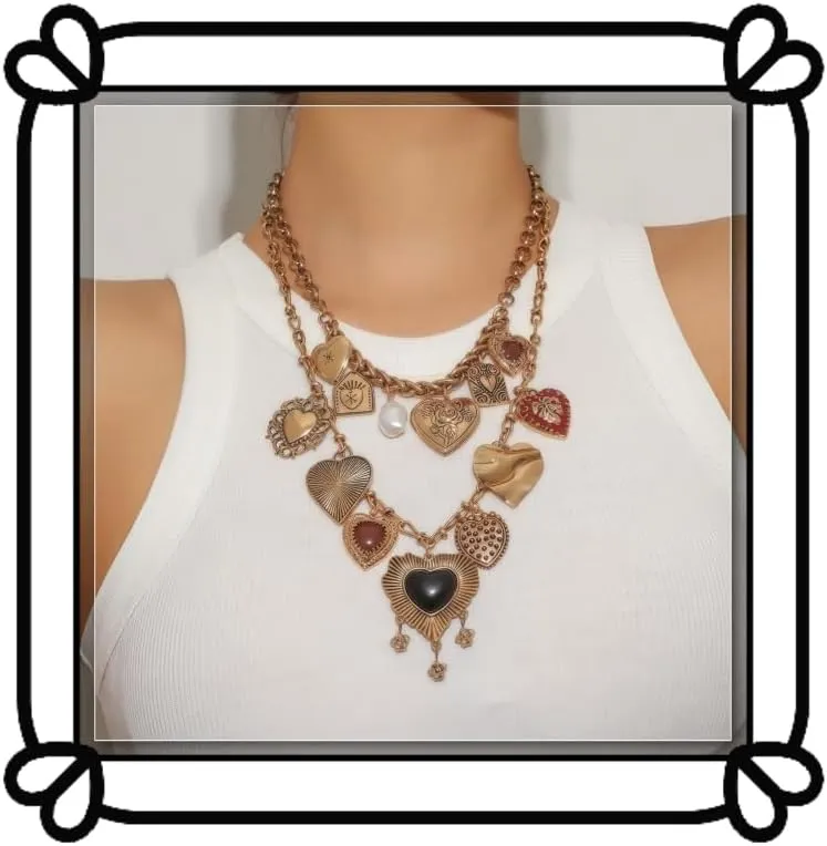 Vintage Heart Charm Declaration Necklace - Layered GoldChain with Pearl and Gem Pendant Necklace - Women's