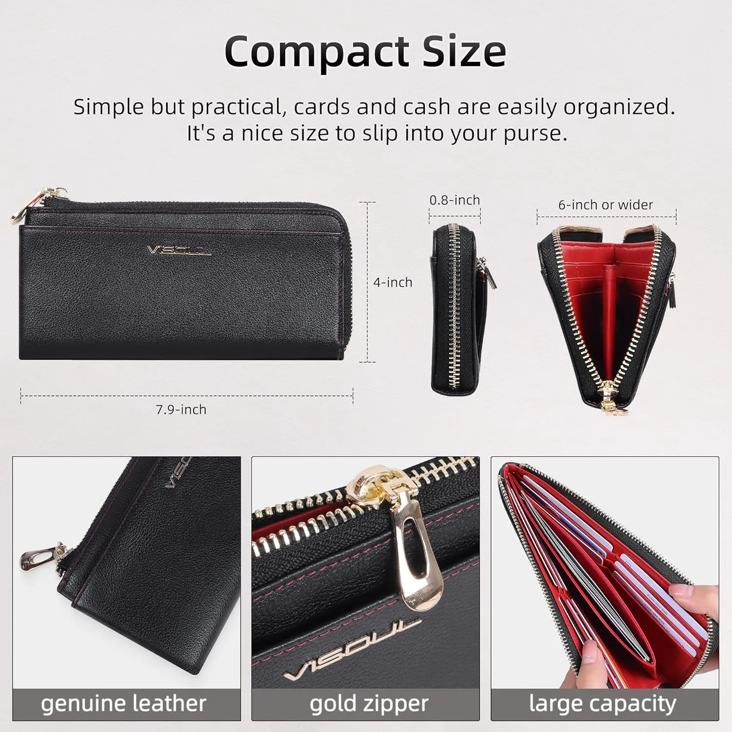 VISOUL Womens Leather Long Zip Around Clutch Wallet with Coin Pocket 12 Card Slots, Slim Thin RFID Blocking Cash Wallets for Women Large Capacity Organizer (Black and Red)