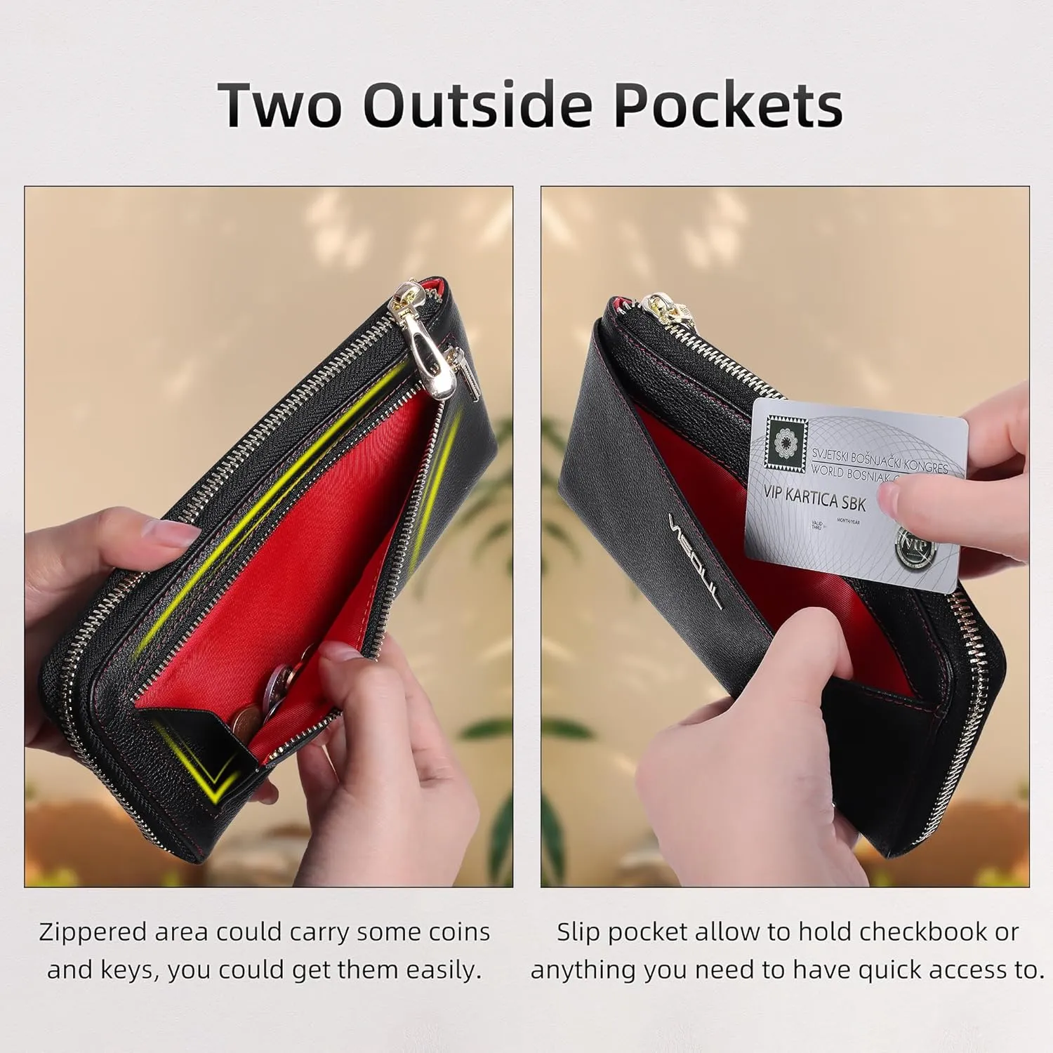 VISOUL Womens Leather Long Zip Around Clutch Wallet with Coin Pocket 12 Card Slots, Slim Thin RFID Blocking Cash Wallets for Women Large Capacity Organizer (Black and Red)