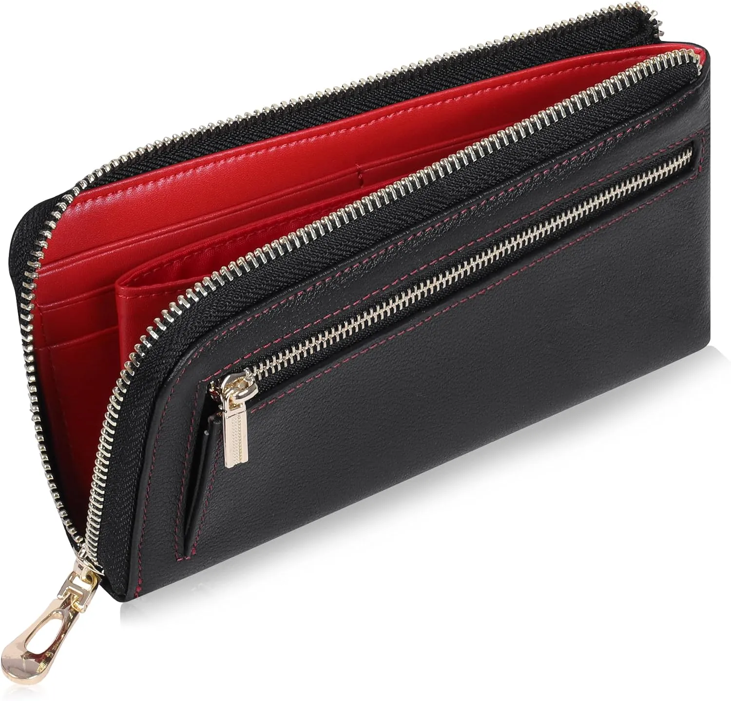 VISOUL Womens Leather Long Zip Around Clutch Wallet with Coin Pocket 12 Card Slots, Slim Thin RFID Blocking Cash Wallets for Women Large Capacity Organizer (Black and Red)