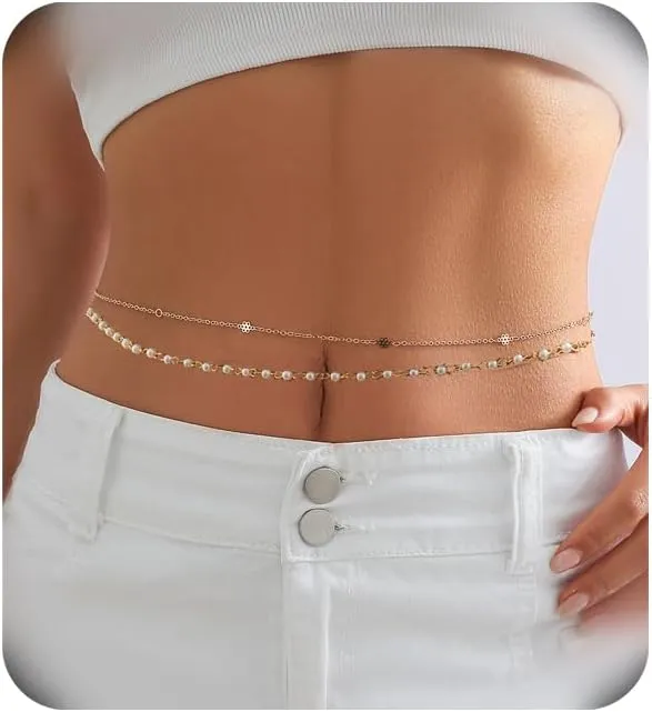 Waist Chains for Women 14K Gold Waist Beads Belly Chain 2Pcs Body Chains Layered Cuban Pearl Satellite Beads Rope Coin Heart Pendant Belly Belt Adjustable Bikini Body Jewelry for Women 