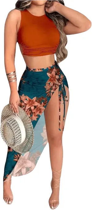 WDIRARA Women's 2 Piece Outfits Floral Print Tie Backless Crop Tank Tops and Drawstring Split Maxi Skirt Sets