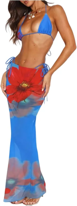 WDIRARA Women's 3 Pieces Bikini Set Floral Halter String Swimsuit with Coverup Maxi Skirt