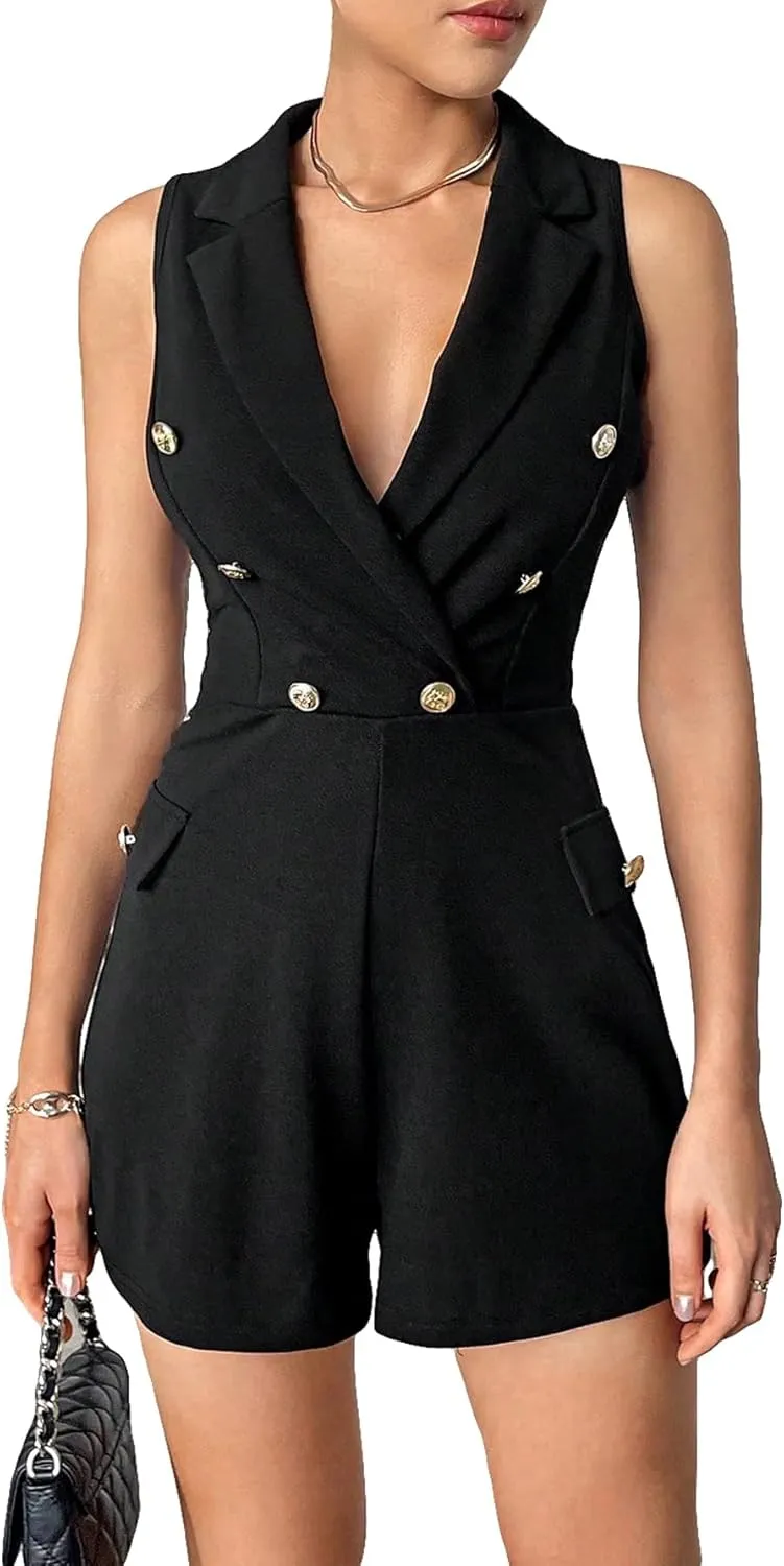 WDIRARA Women's Deep V Neck Double Breasted Rompers High Waist Sleeveless Elegant Jumpsuit Shorts