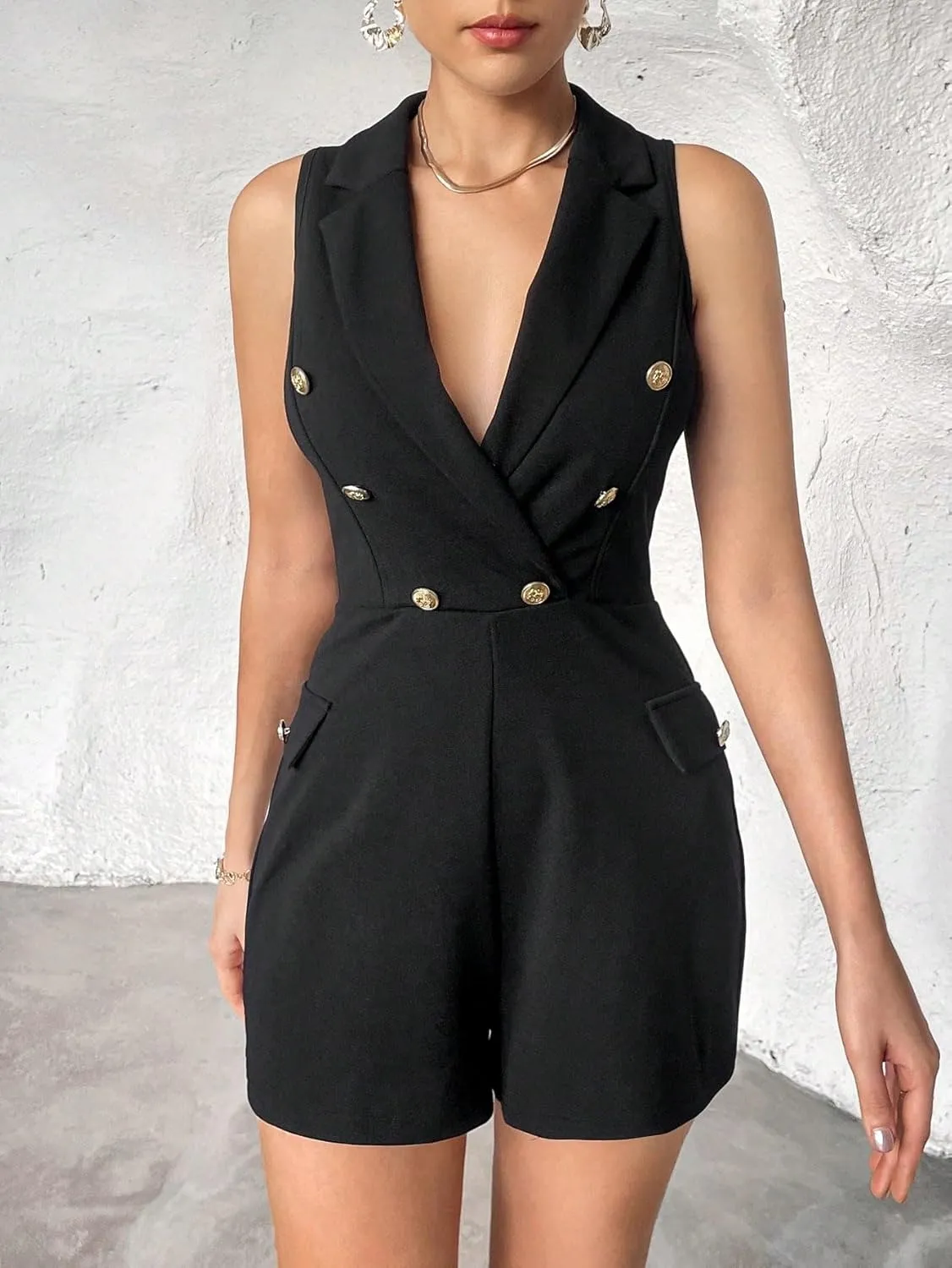 WDIRARA Women's Deep V Neck Double Breasted Rompers High Waist Sleeveless Elegant Jumpsuit Shorts