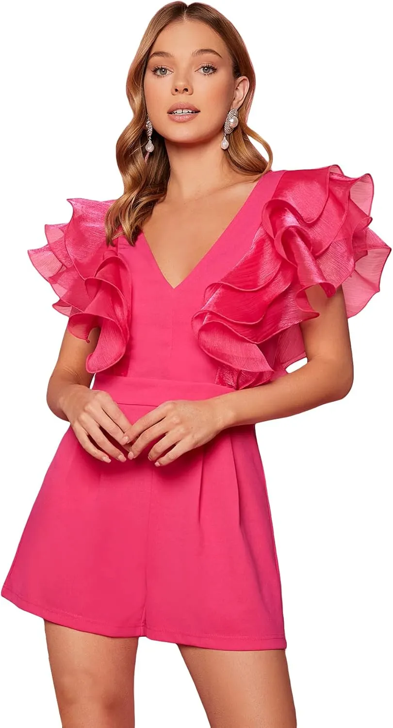 WDIRARA Women's Mesh Layered Ruffle Sleeve V Neck Pleated Solid Rompers Short Jumpsuits