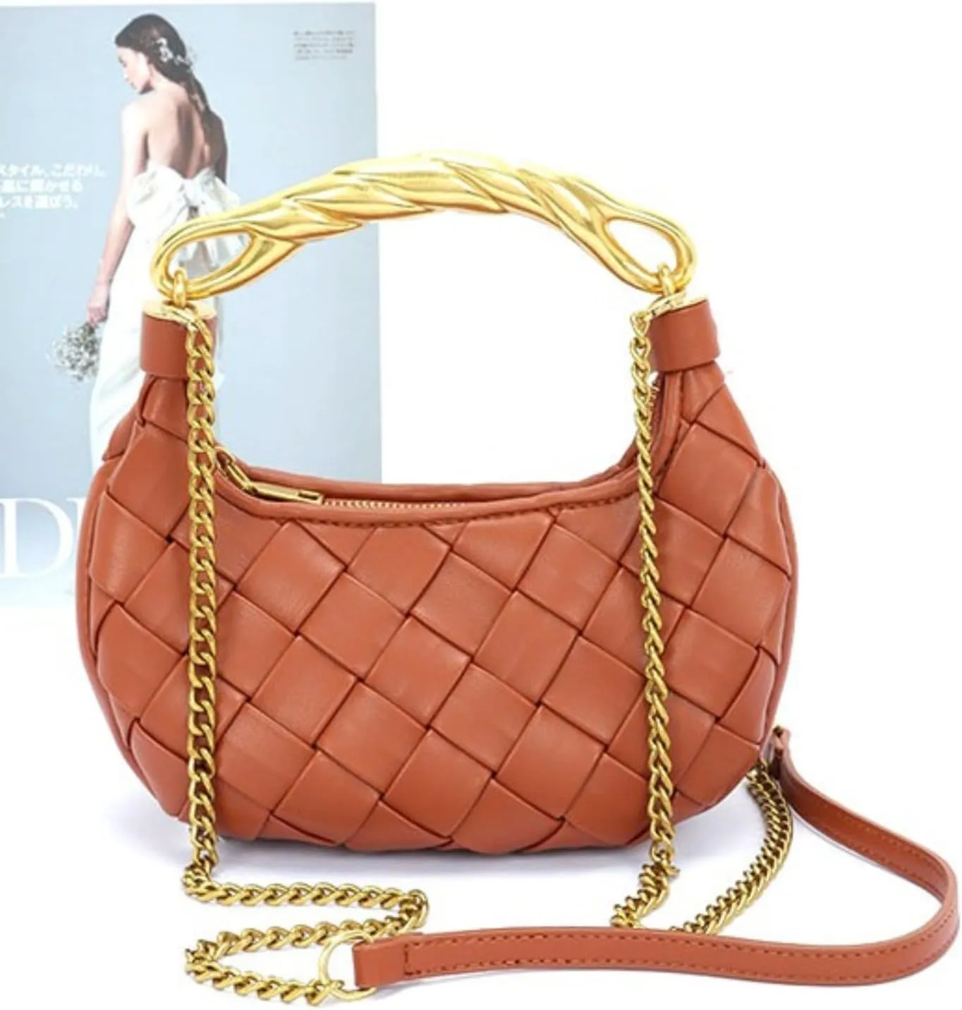 Weave Handbag PU Leather Shoulder Bag for Women Luxury Designer Round Tote Purse with Gold Chain Round Crossbody Bag