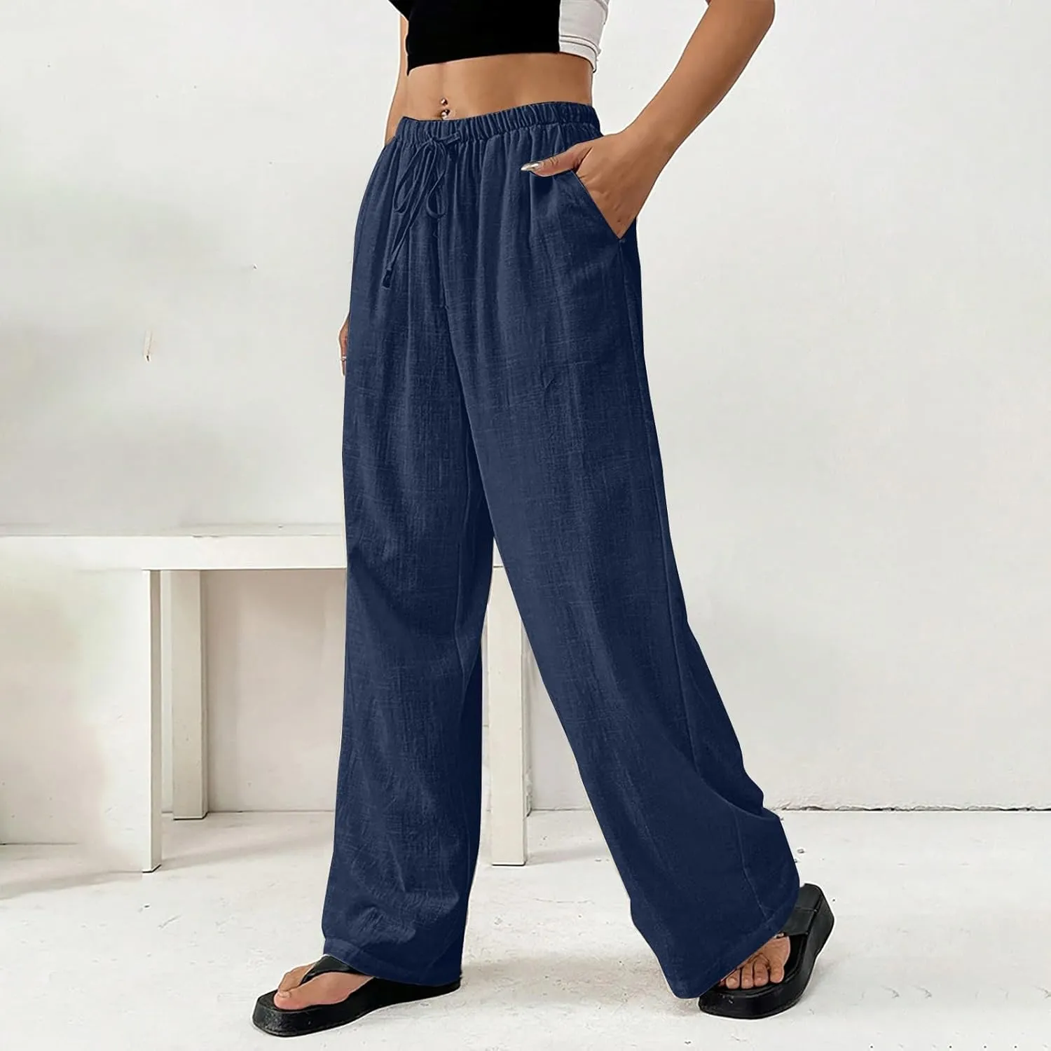 Wide Leg Palazzo Pants for Women Summer Drawstring Elastic Waist Loose Cotton Linen Trousers Casual Beach Comfy Pant