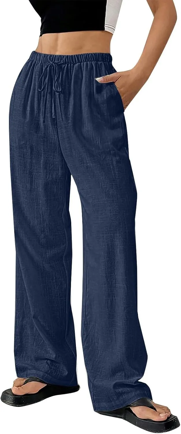 Wide Leg Palazzo Pants for Women Summer Drawstring Elastic Waist Loose Cotton Linen Trousers Casual Beach Comfy Pant