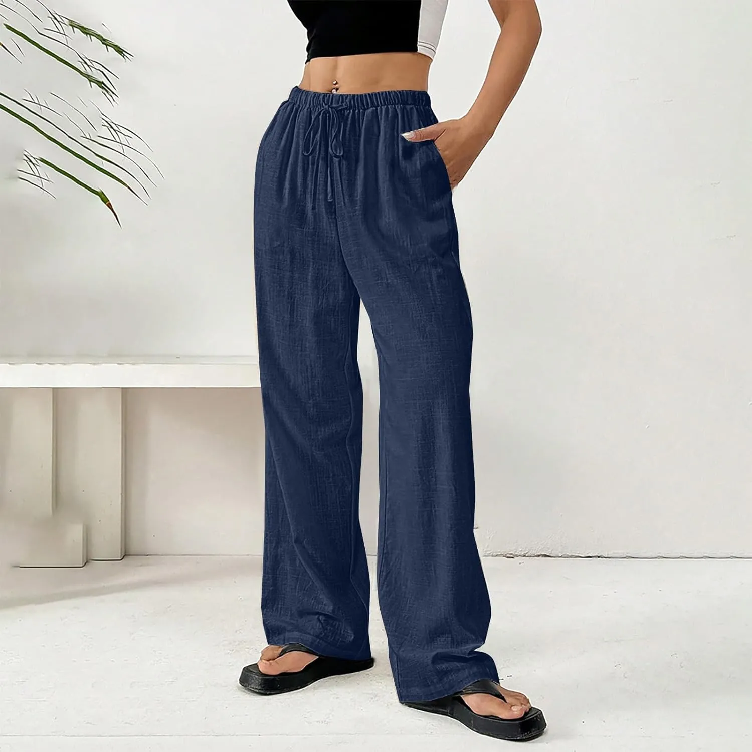 Wide Leg Palazzo Pants for Women Summer Drawstring Elastic Waist Loose Cotton Linen Trousers Casual Beach Comfy Pant