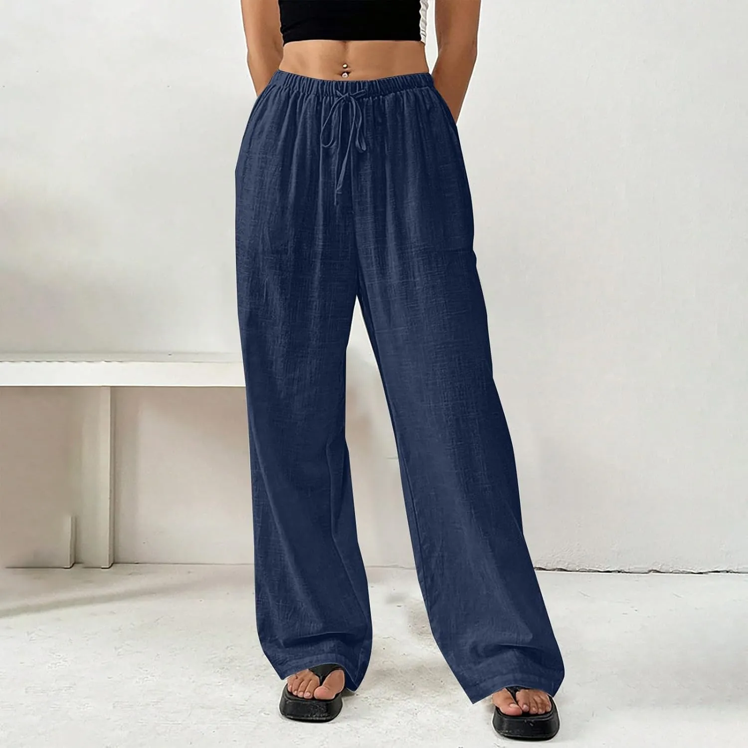 Wide Leg Palazzo Pants for Women Summer Drawstring Elastic Waist Loose Cotton Linen Trousers Casual Beach Comfy Pant