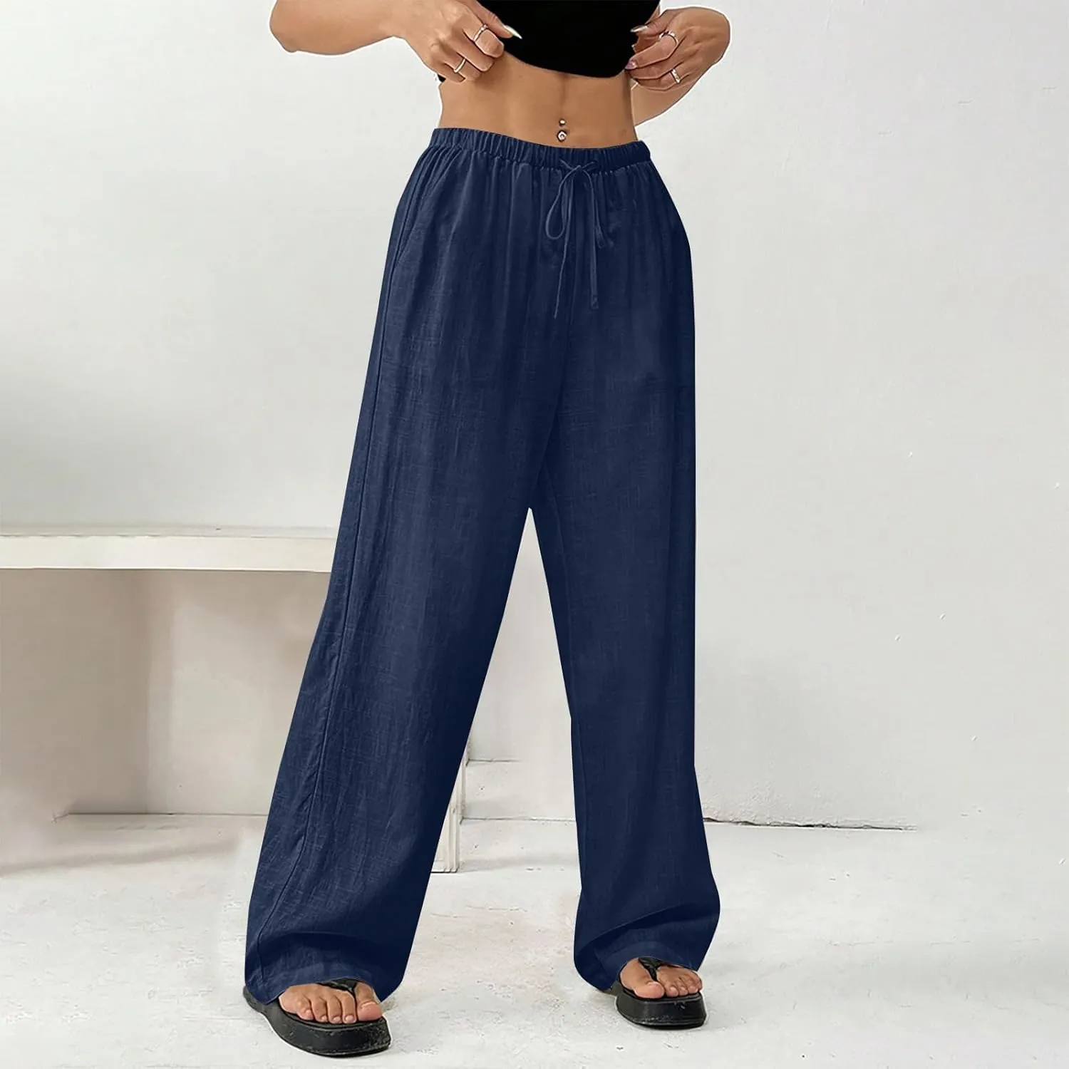 Wide Leg Palazzo Pants for Women Summer Drawstring Elastic Waist Loose Cotton Linen Trousers Casual Beach Comfy Pant