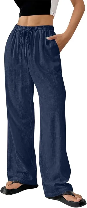 Wide Leg Palazzo Pants for Women Summer Drawstring Elastic Waist Loose Cotton Linen Trousers Casual Beach Comfy Pant