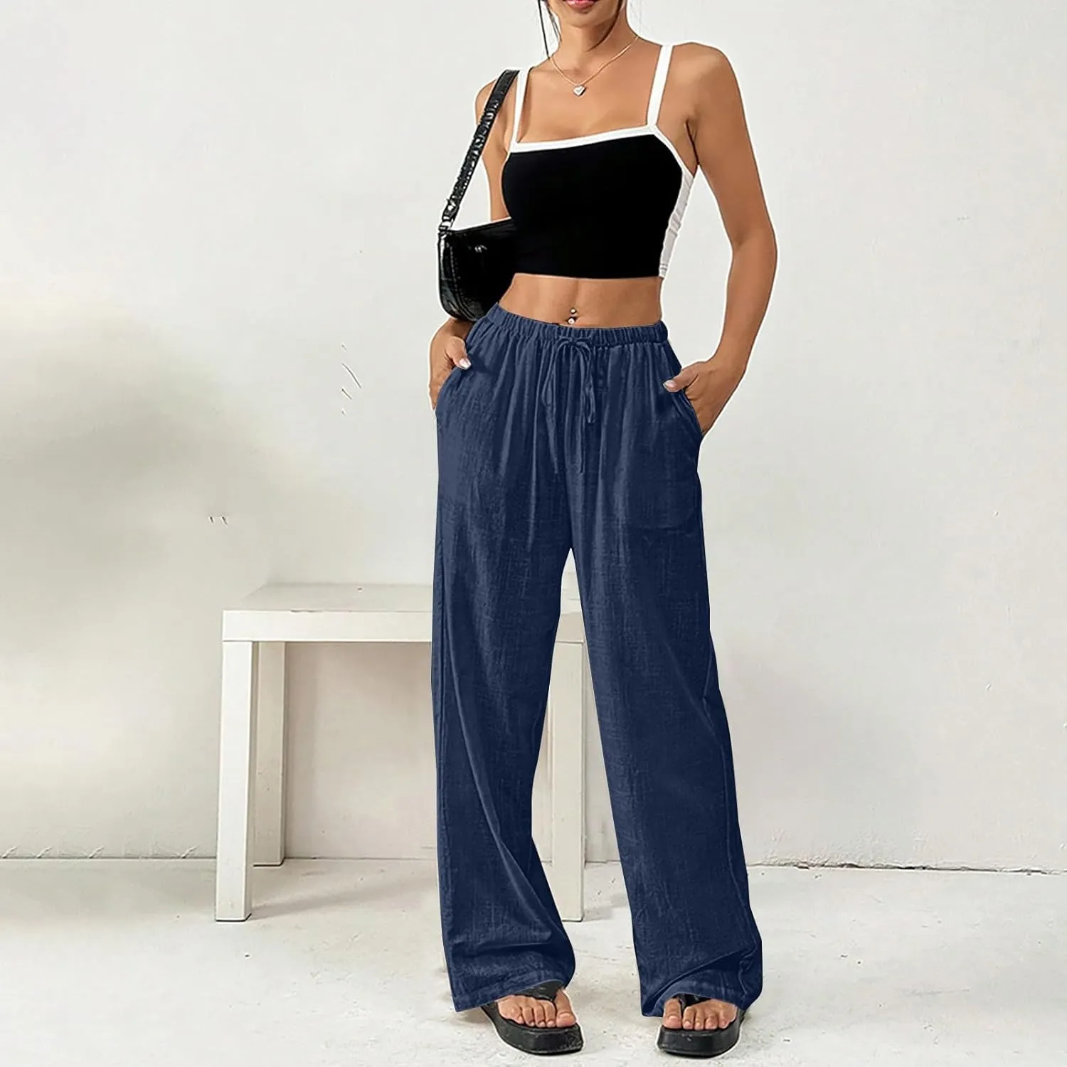 Wide Leg Palazzo Pants for Women Summer Drawstring Elastic Waist Loose Cotton Linen Trousers Casual Beach Comfy Pant