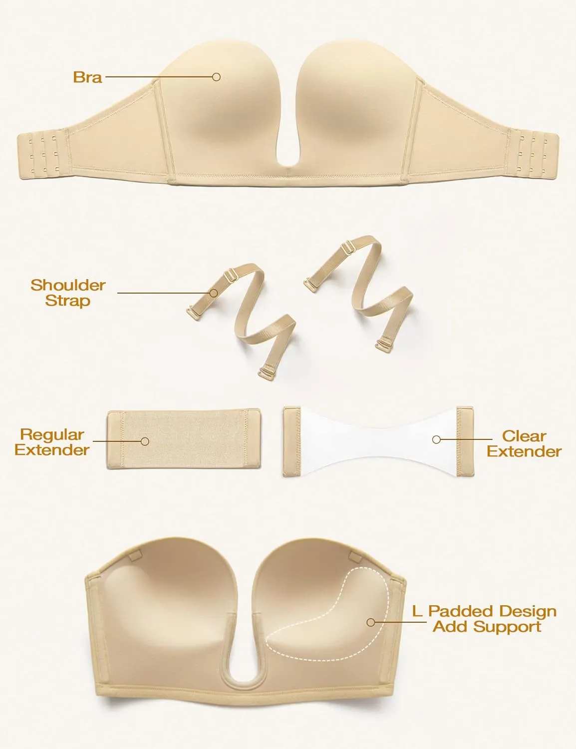 Wingslove Women's Deep V Plunge Strapless Bra Multiway Push Up Low-Cut Bras Wireless Red Carpet Clear Back