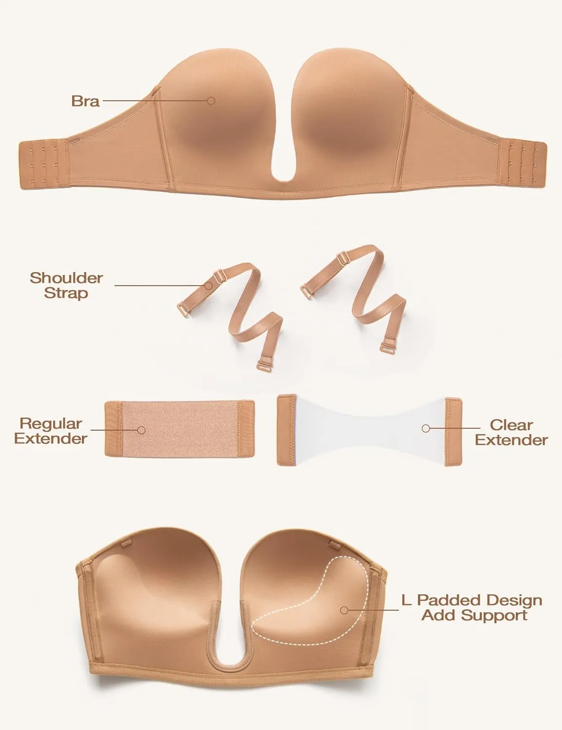 Wingslove Women's Deep V Plunge Strapless Bra Multiway Push Up Low-Cut Bras Wireless Red Carpet Clear Back