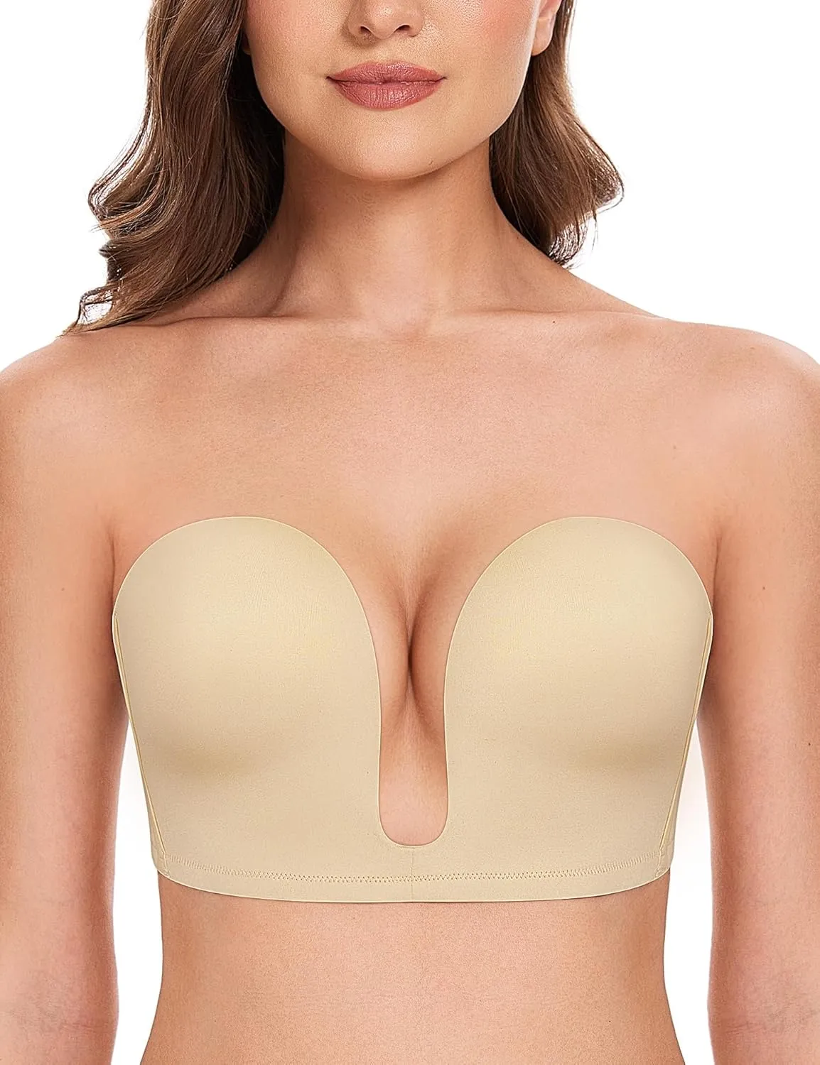 Wingslove Women's Deep V Plunge Strapless Bra Multiway Push Up Low-Cut Bras Wireless Red Carpet Clear Back