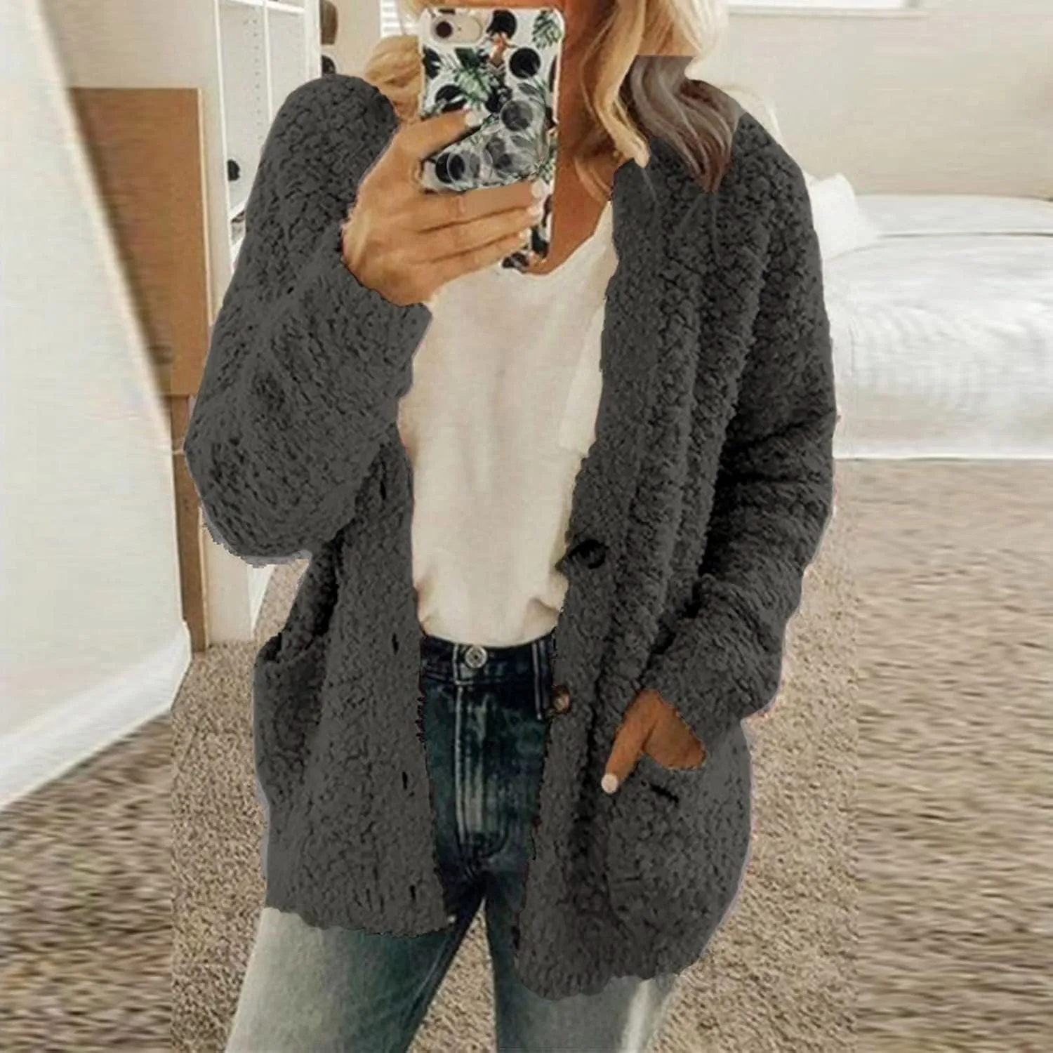 Winter Coats for Women 2023 Fuzzy Fleece Sherpa Jacket Warm Outerwear Button Down Long Sleeve Cardigan Plush Sweater