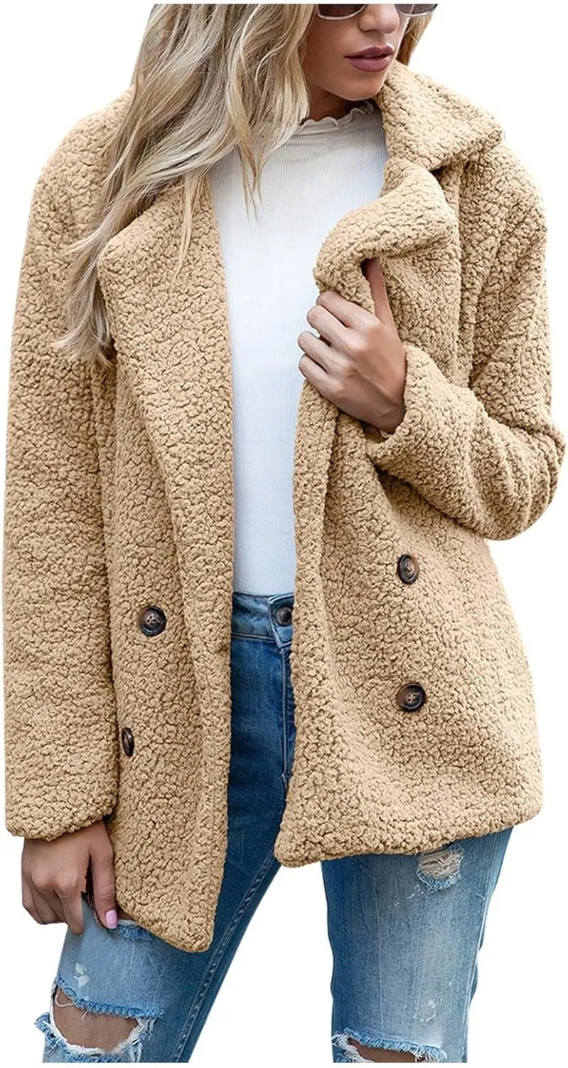 Winter Coats for Women Lapel Neck Button Sherpa Fleece Jacket Long Sleeve Teddy Faux Fur Coat with Pockets