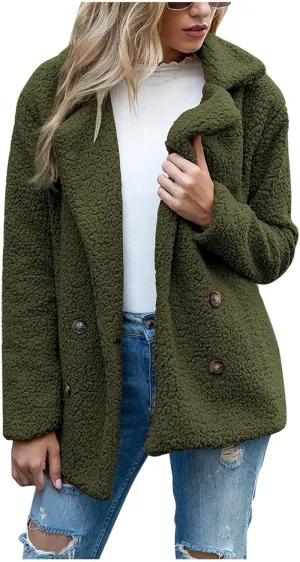 Winter Coats for Women Lapel Neck Button Sherpa Fleece Jacket Long Sleeve Teddy Faux Fur Coat with Pockets
