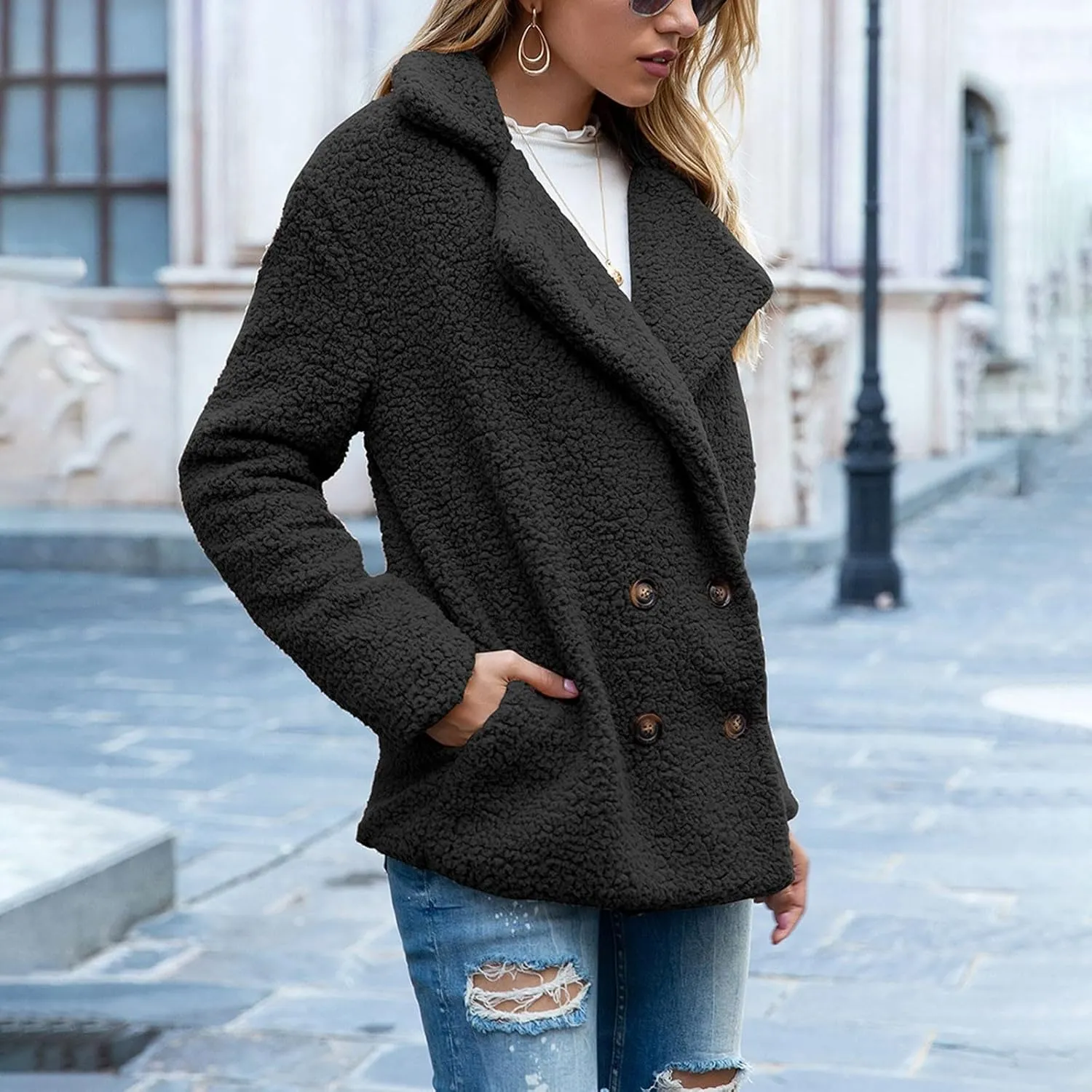 Winter Coats for Women Lapel Neck Button Sherpa Fleece Jacket Long Sleeve Teddy Faux Fur Coat with Pockets
