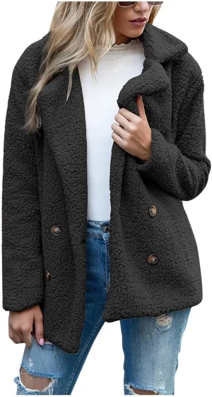 Winter Coats for Women Lapel Neck Button Sherpa Fleece Jacket Long Sleeve Teddy Faux Fur Coat with Pockets