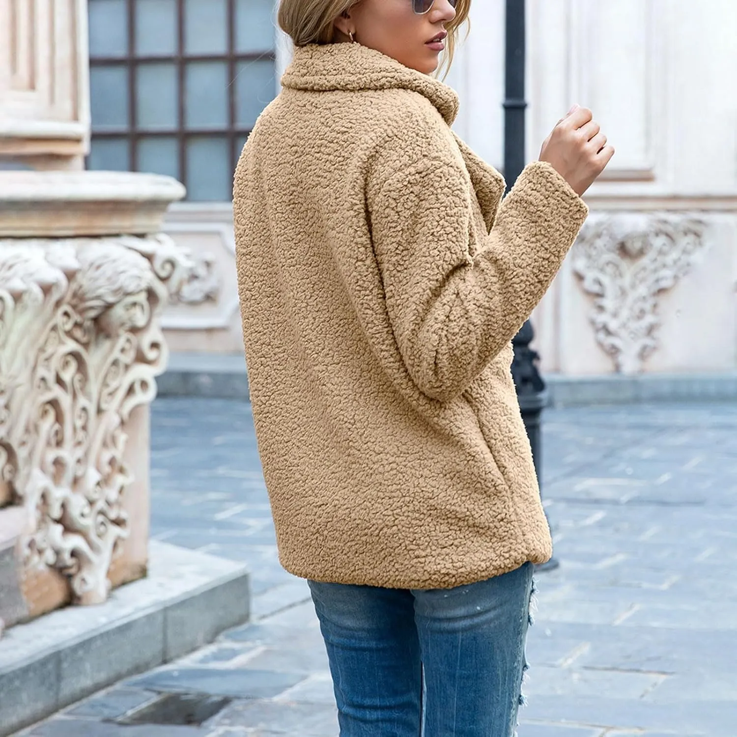 Winter Coats for Women Lapel Neck Button Sherpa Fleece Jacket Long Sleeve Teddy Faux Fur Coat with Pockets