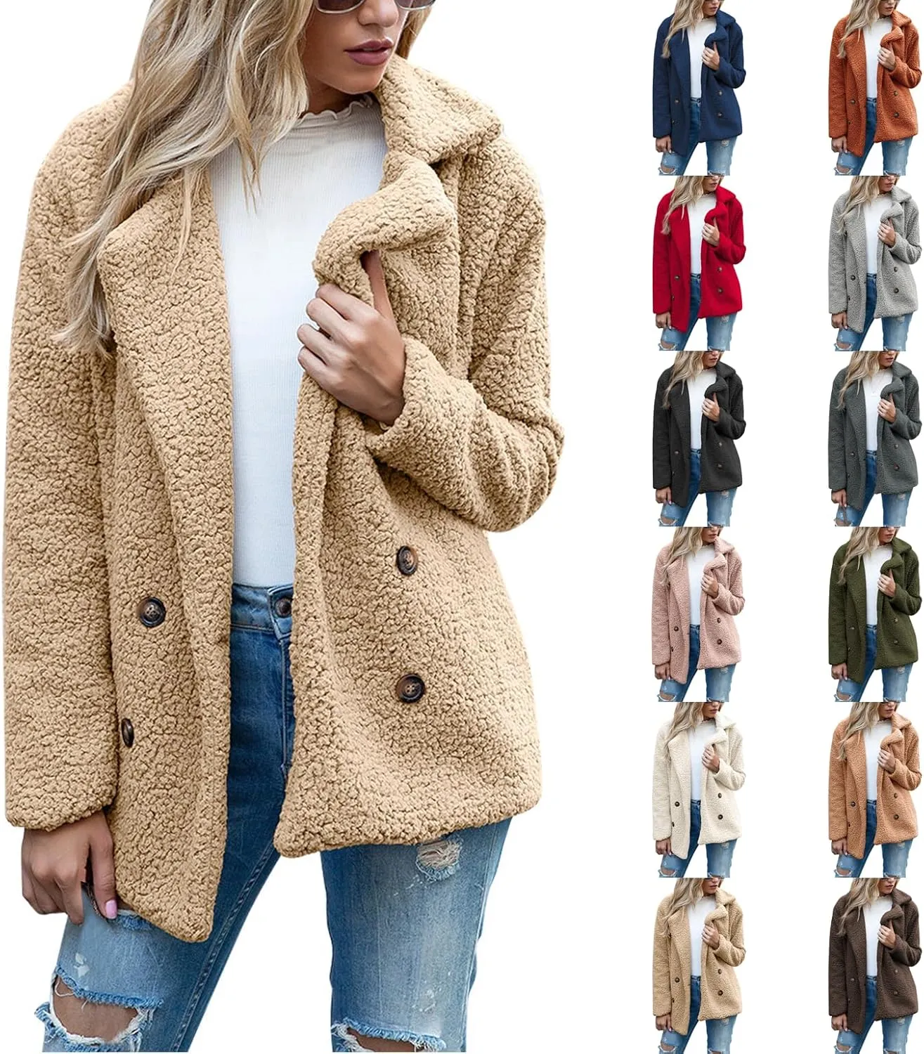 Winter Coats for Women Lapel Neck Button Sherpa Fleece Jacket Long Sleeve Teddy Faux Fur Coat with Pockets