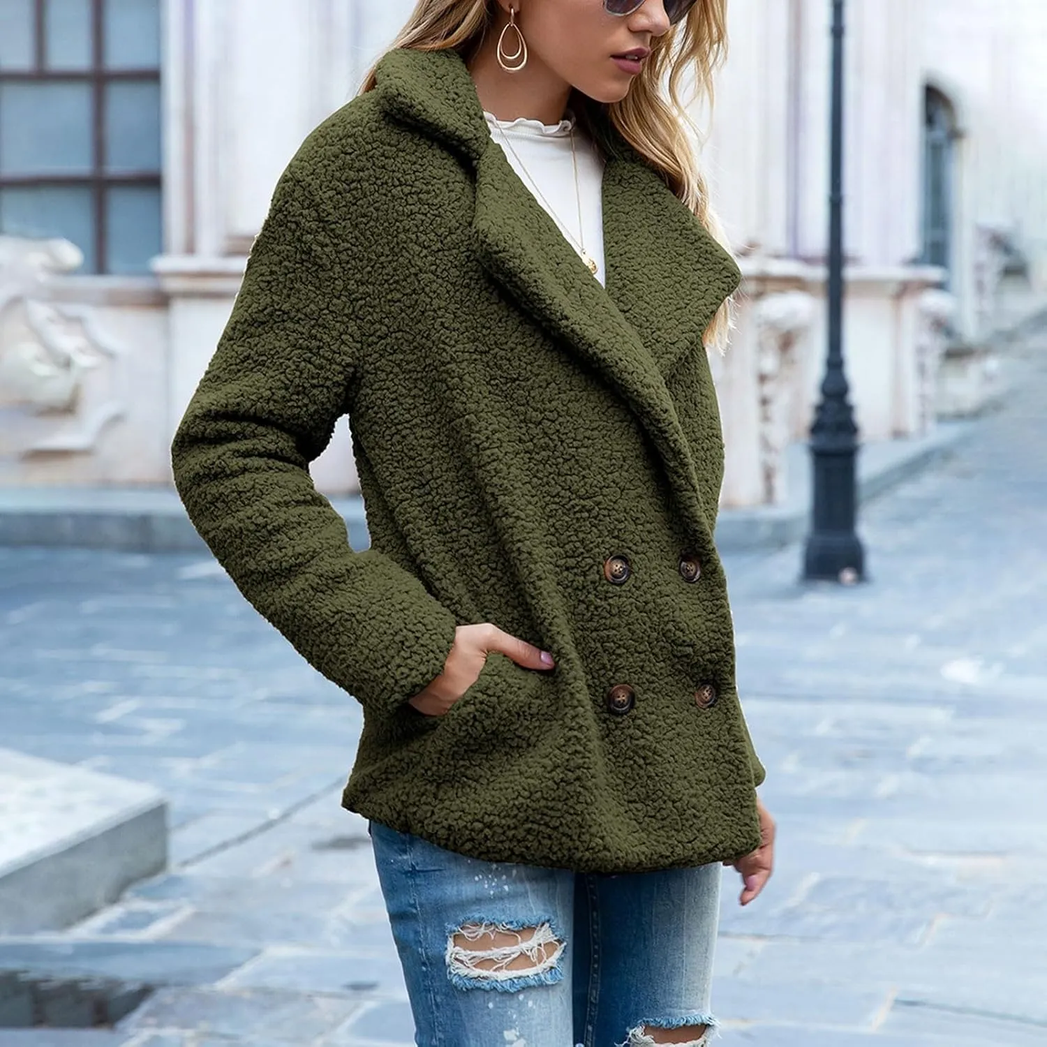 Winter Coats for Women Lapel Neck Button Sherpa Fleece Jacket Long Sleeve Teddy Faux Fur Coat with Pockets