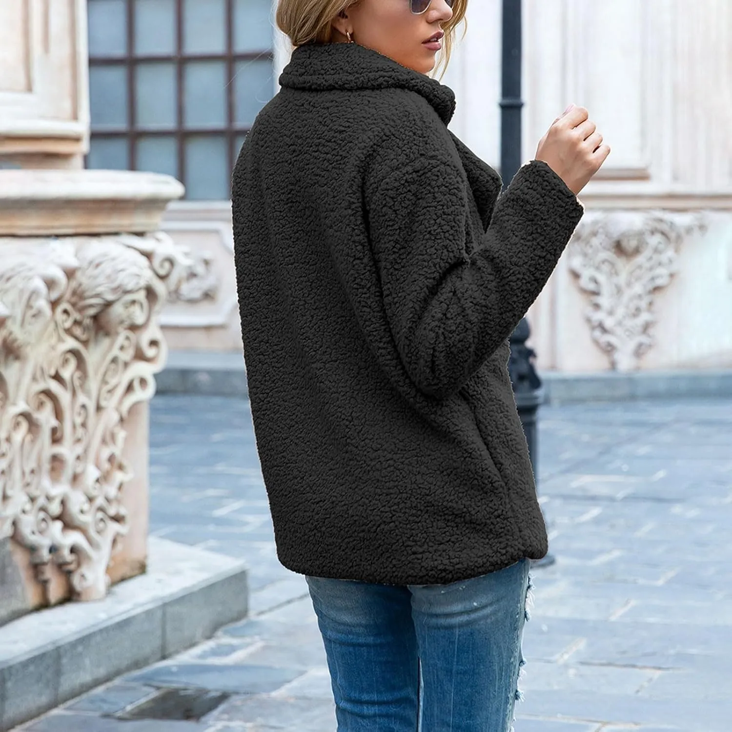 Winter Coats for Women Lapel Neck Button Sherpa Fleece Jacket Long Sleeve Teddy Faux Fur Coat with Pockets