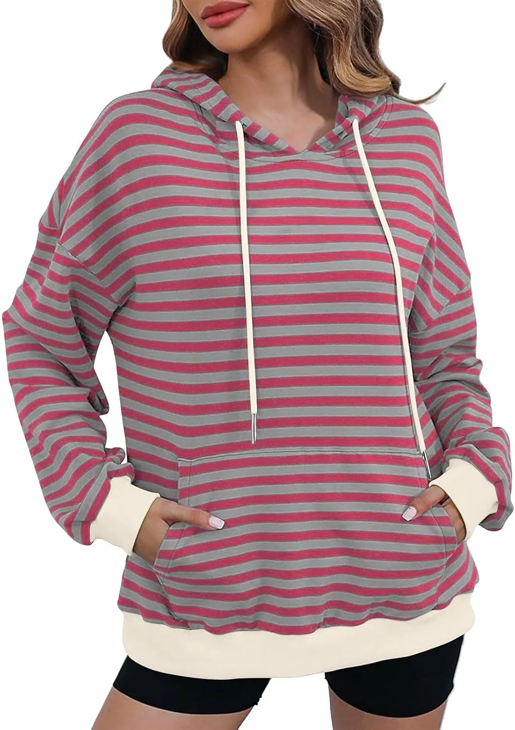 Women 2024 Striped Hoodies Sweatshirt Drawstring Cute Pullover Sweatshirts Long Sleeve Shirts Tops Trendy Fall Clothes