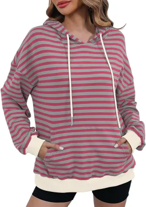 Women 2024 Striped Hoodies Sweatshirt Drawstring Cute Pullover Sweatshirts Long Sleeve Shirts Tops Trendy Fall Clothes