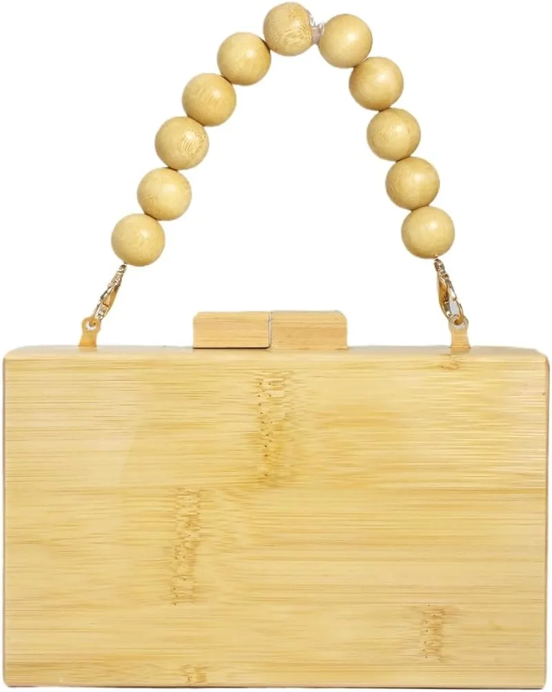 Women Bamboo Handmade Evening Clutch Box Natural Purse Wooden Beaded Handbag Beach Bags for Summer Party Casual
