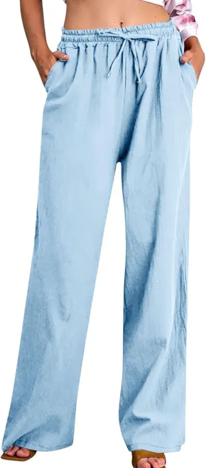 Women Casual Cotton Linen Pants Lightweight Summer Relax Fit Elastic Waist Plus Size Solid Lounge Jogger Long Trousers