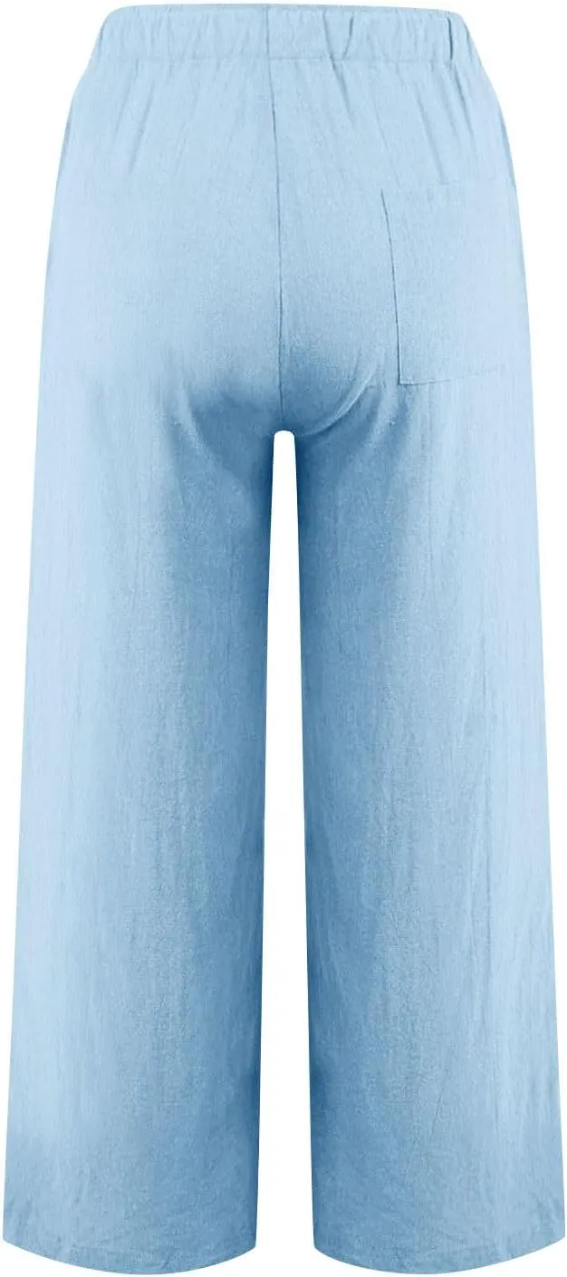 Women Casual Cotton Linen Pants Lightweight Summer Relax Fit Elastic Waist Plus Size Solid Lounge Jogger Long Trousers