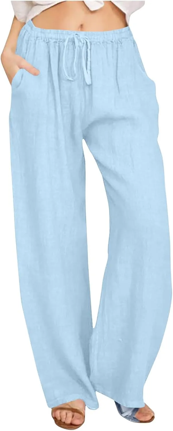 Women Casual Cotton Linen Pants Lightweight Summer Relax Fit Elastic Waist Plus Size Solid Lounge Jogger Long Trousers