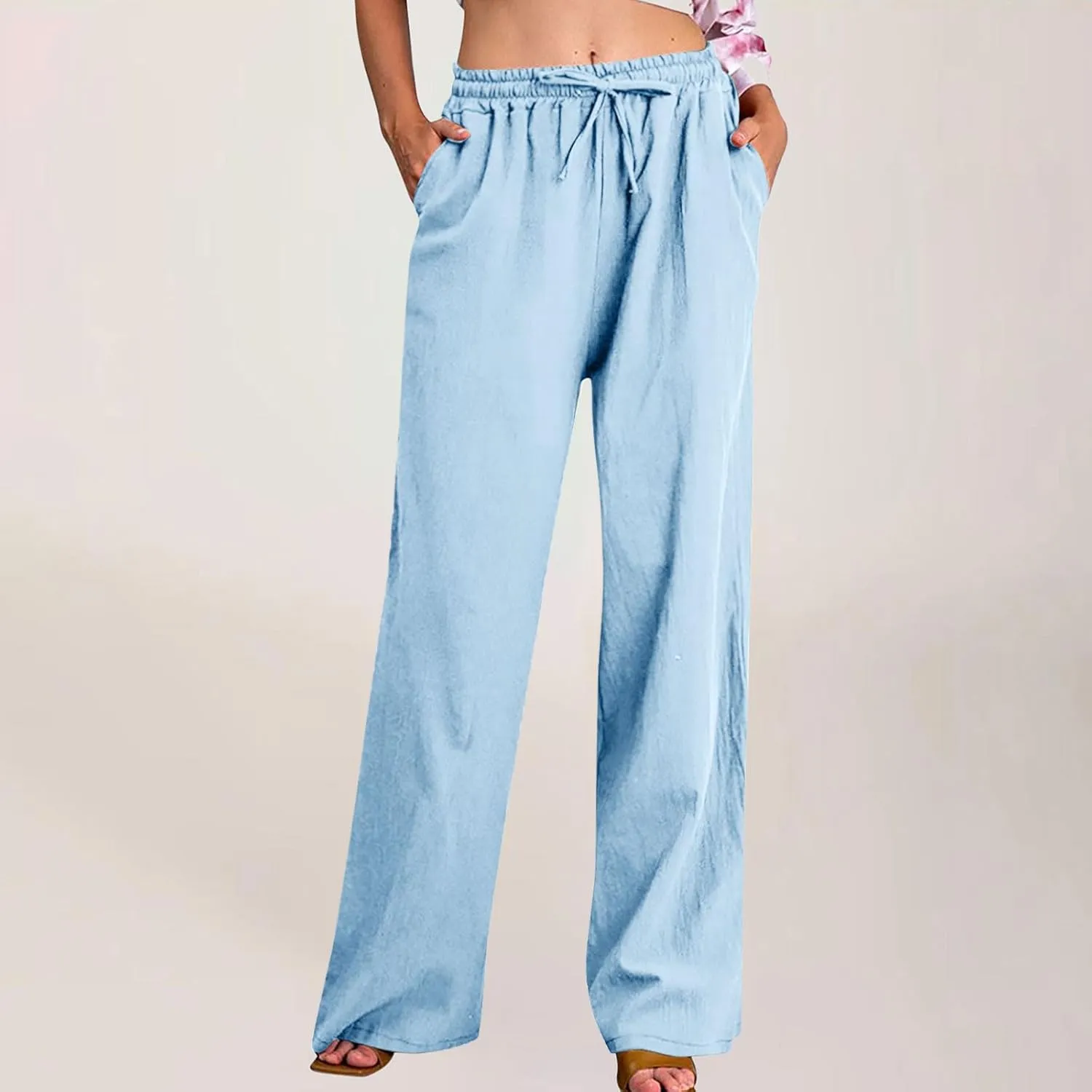 Women Casual Cotton Linen Pants Lightweight Summer Relax Fit Elastic Waist Plus Size Solid Lounge Jogger Long Trousers