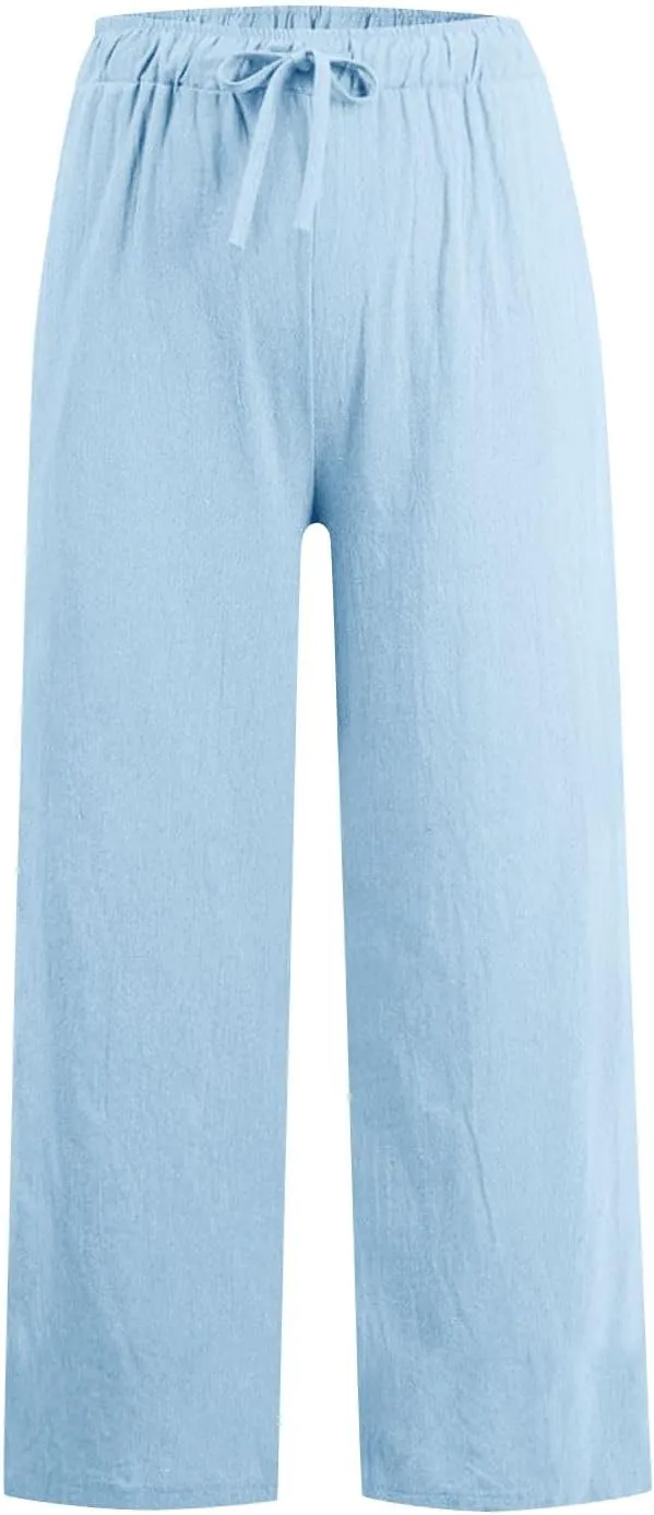 Women Casual Cotton Linen Pants Lightweight Summer Relax Fit Elastic Waist Plus Size Solid Lounge Jogger Long Trousers