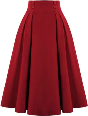 Women Casual Midi Skirt with Pockets Vintage Button Elastic High Waisted Pleated A-Line Skirts Trendy Skirts for Women