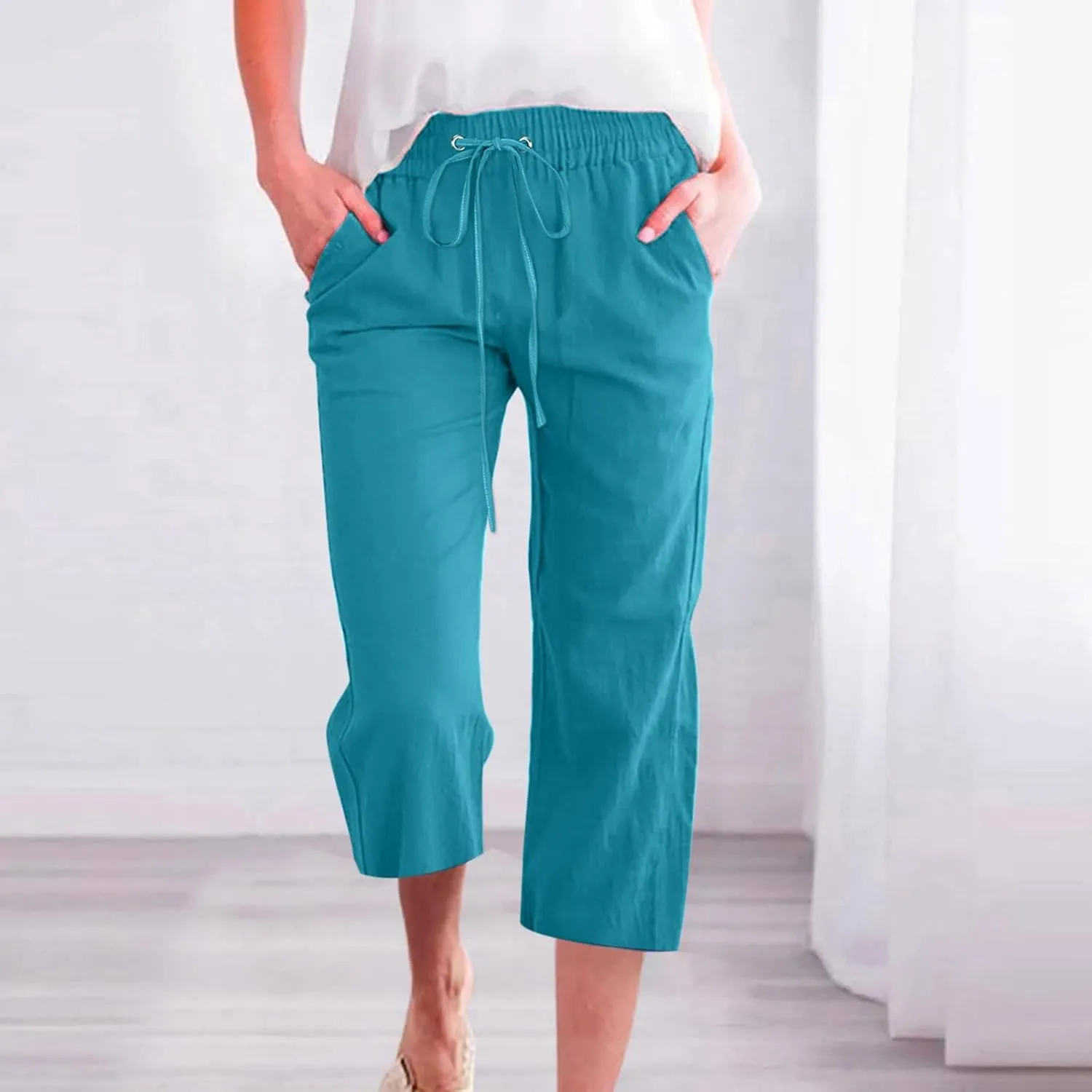 Women Casual Striped Shorts Drawstring Comfy Elastic Waist Beach Shorts Pockets Mid-Rise Straight Leg Bermuda Cropped Short