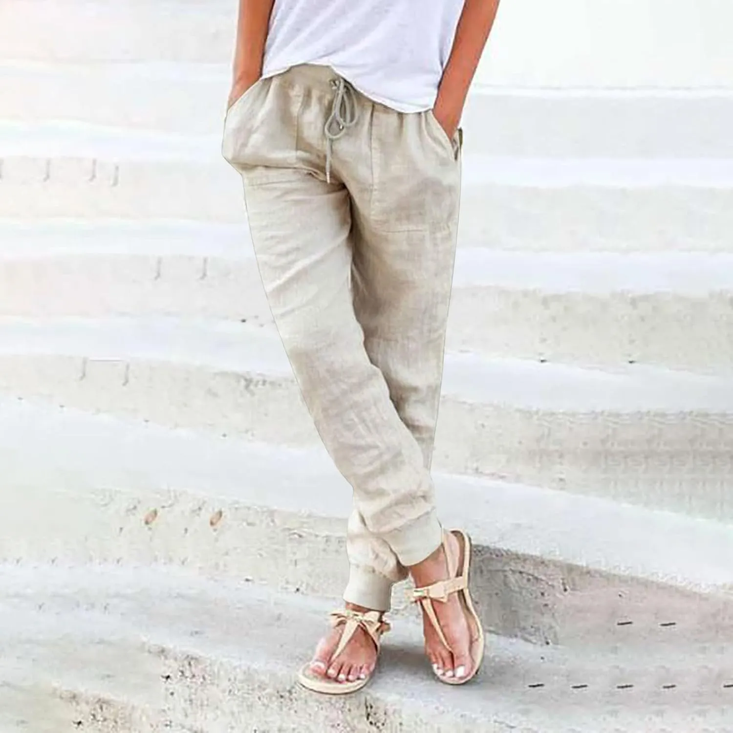 Women Cotton Linen Tapered Pants Drawstring Elastic High Waist Trousers Casual Summer Plus Size Joggers with Pockets