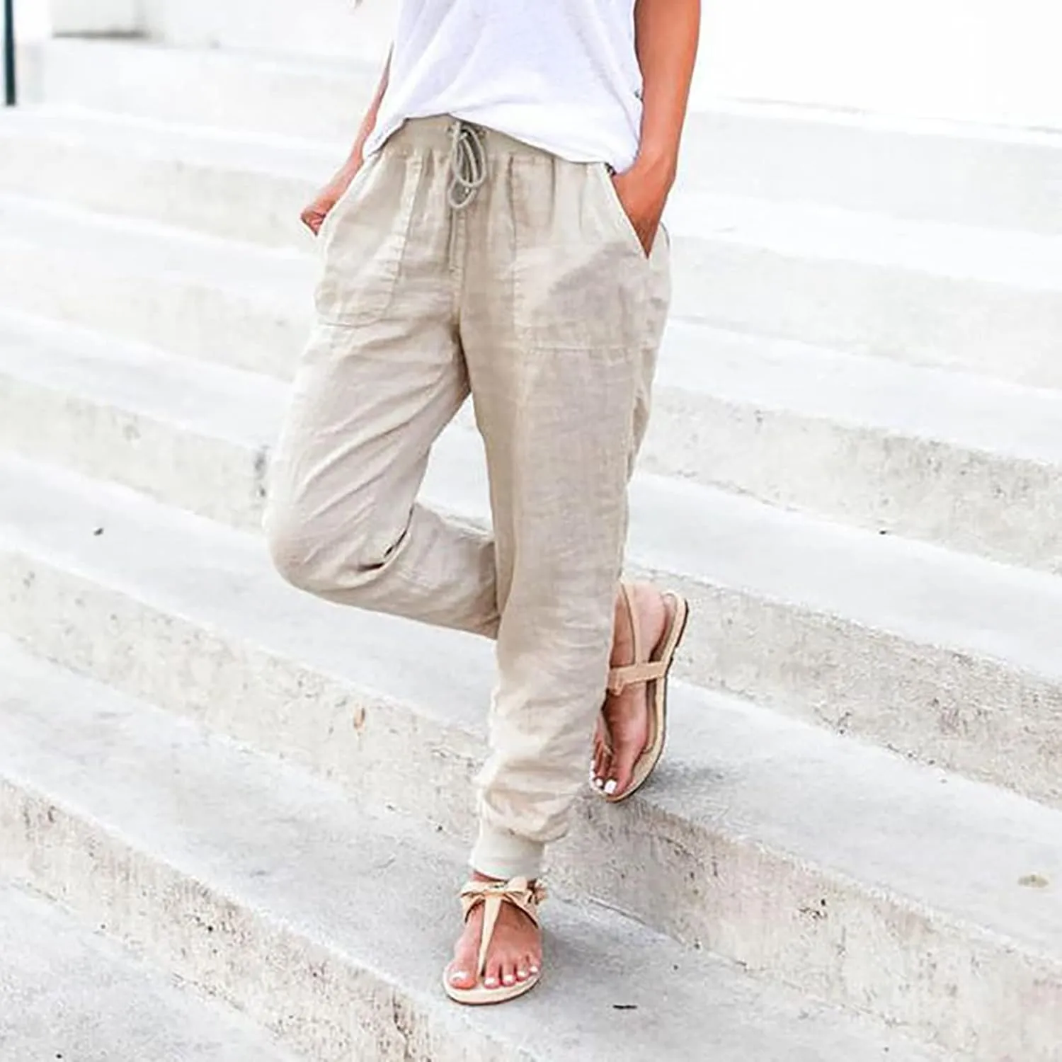 Women Cotton Linen Tapered Pants Drawstring Elastic High Waist Trousers Casual Summer Plus Size Joggers with Pockets
