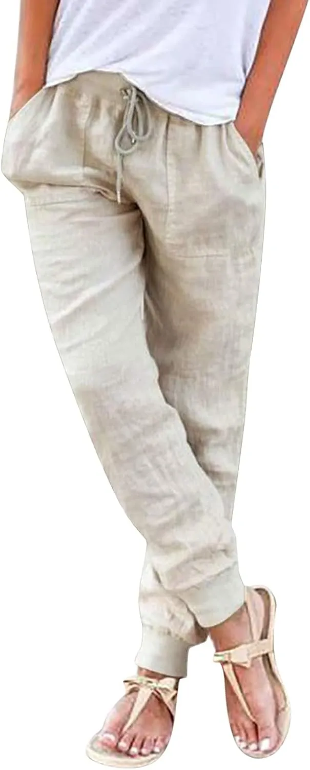 Women Cotton Linen Tapered Pants Drawstring Elastic High Waist Trousers Casual Summer Plus Size Joggers with Pockets