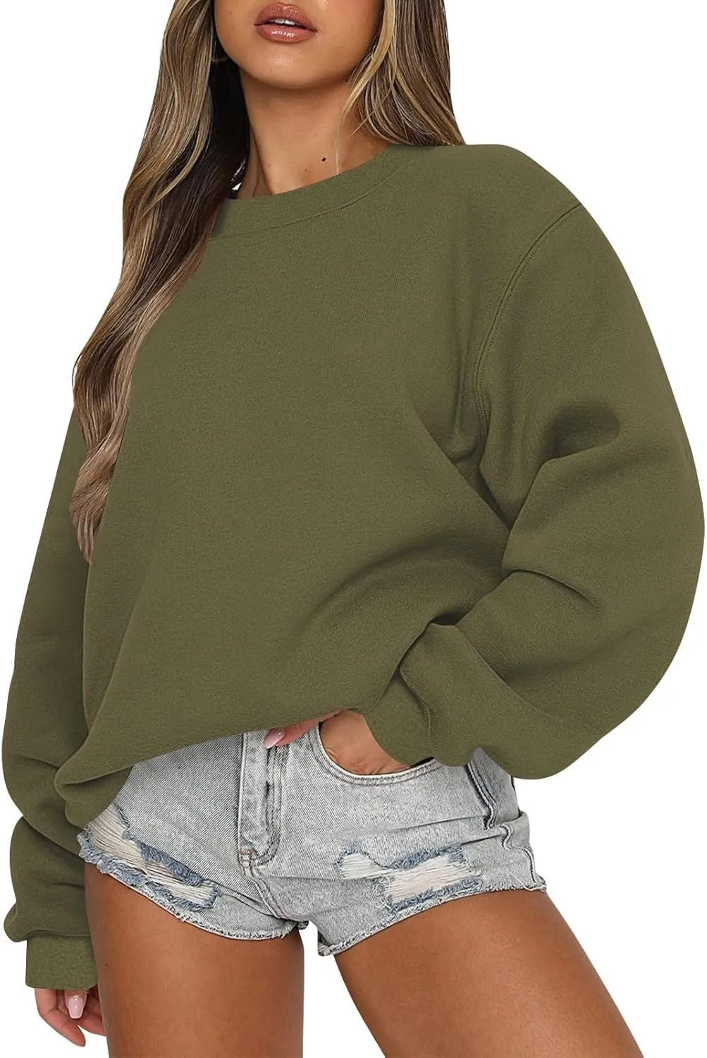 Women Crew Neck Sweatshirts Drop Shoulder Fleece Oversized Sweatshirts Long Sleeve Casual Loose Pullover Cozy Sweater