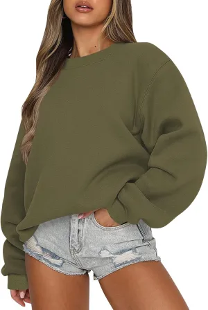 Women Crew Neck Sweatshirts Drop Shoulder Fleece Oversized Sweatshirts Long Sleeve Casual Loose Pullover Cozy Sweater