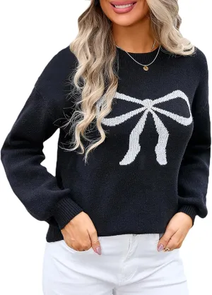Women Cute Bow Knit Sweater Y2k Long Sleeve Crew Neck Knitted Pullover Top Oversized Going Out Fall Winter Knitwear