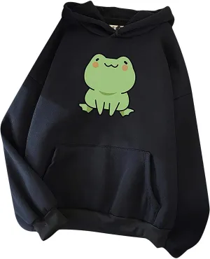 Women Cute Frog Graphic Hoodies Sweatshirts Oversized Casual Long Sleeve Drawstring Pullover with Pocket
