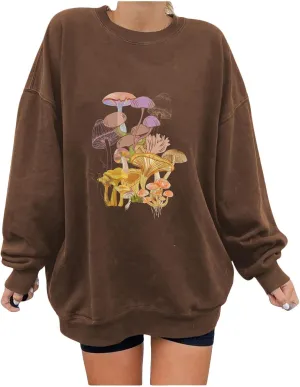 Women Cute Mushroom Print Crewneck Sweatshirts Oversized Casual Long Sleeve Tunic Tops Trendy Loose Fit Pullover