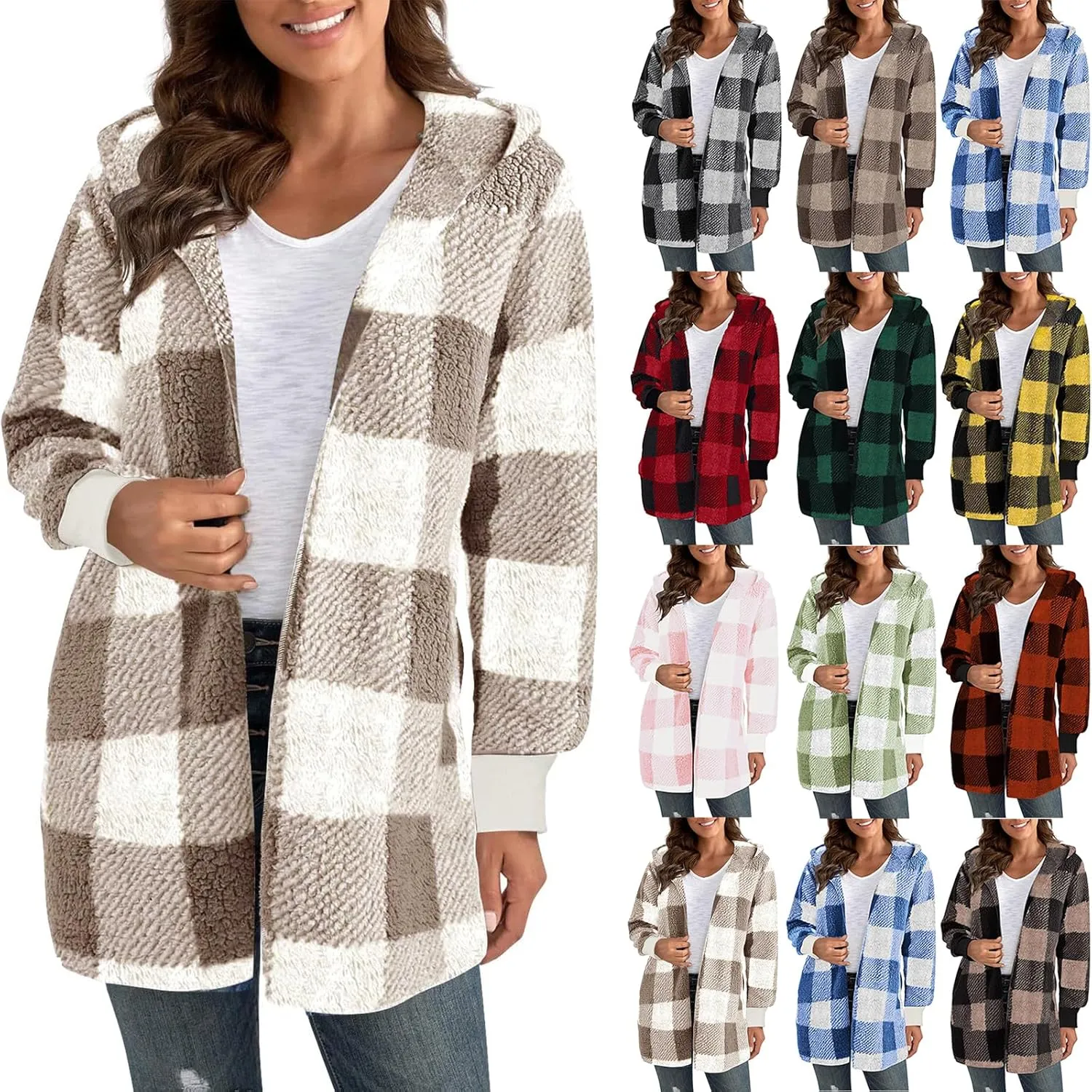 Women Fleece Jacket Fall Plaid Sherpa Jacket Open Front Flannel Hooded Cardigan Teddy Bear Coat with Pocket Outerwear